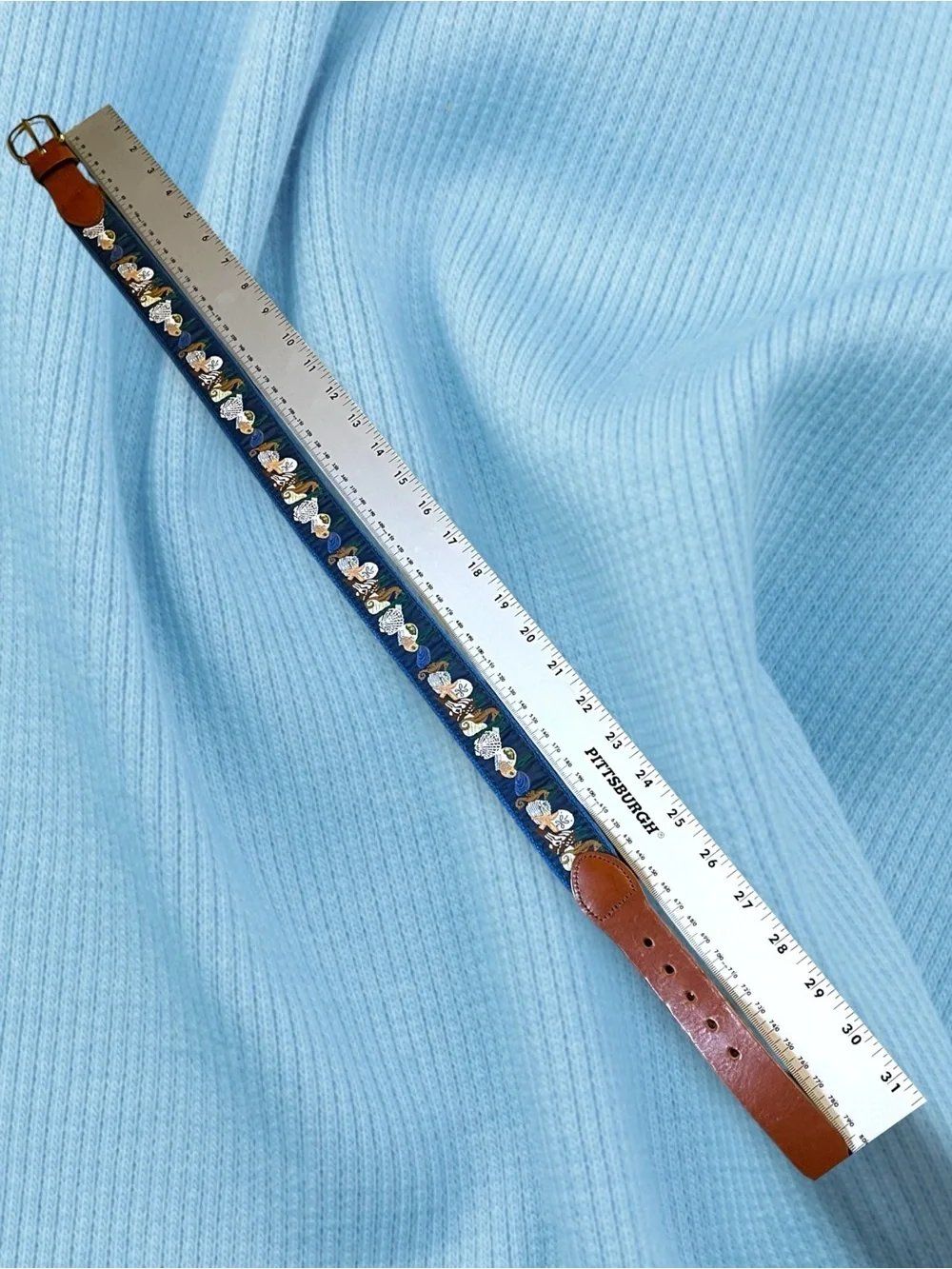 Leather & Seashell - Blue -  Embroidered Belt - Handmade in Essex, CT Size 28